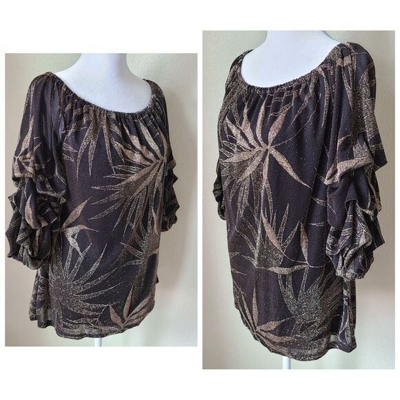 MSK Lined Blouse‎ Medium Glitter Print Floral Off The Shoulder Puffed Sleeves - Picture 6 of 12